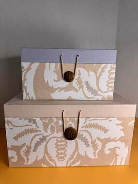 dB Decorative Storage Box Set 2 Piece Damask Fabric Beige Blue